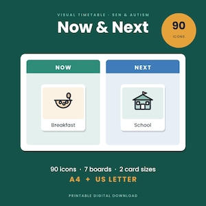 May include: A visual timetable for SEN and autism featuring a Now and Next board. The board has two sections labeled Now and Next, with icons for Breakfast and School. The text includes 90 icons, 7 boards, 2 card sizes, A4, and US Letter.