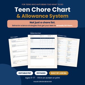 Puede incluir: Un sistema de tabla de tareas y asignación para adolescentes en PDF editable de 25 páginas. Incluye una tabla semanal, una página de resolución de problemas y tarjetas de tareas completadas. Texto: Teen Chore Chart & Allowance System.