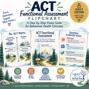 May include: ACT Functional Assessment flipchart for behavioral health clinicians. Includes three pages: The ACT Matrix, the main title page, and Questions to Identify Values. Features mountain landscapes, icons, and text detailing clinical tools.