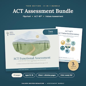 Op de afbeelding: De ACT Assessment Bundle Teen Edition 3-in-1 bevat een flipchart, ACT-BI en waardenbeoordeling. De materialen tonen een landschapsillustratie met bergen en bomen, labels voor 13-18 jaar, 47 pagina's en een printklaar PDF-bestand.