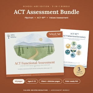 Può includere: Il bundle di valutazione ACT School-Age Edition 3-in-1 include un flipchart, ACT-BI e una valutazione dei valori. Il flipchart presenta un'illustrazione paesaggistica con un sentiero, alberi e montagne. L'ACT-BI mostra un diagramma di flessibilità.