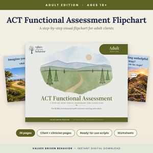 Könnte beinhalten: Das ACT Functional Assessment Flipchart für Erwachsene zeigt eine Landschaftsillustration mit einem Pfad durch Bäume und Berge. Das Cover enthält den Text "ACT Functional Assessment" und "Adult Edition" sowie weitere Seiten mit Naturszenen.