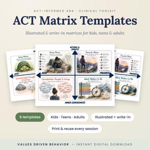 ACT-matrixsjabloon voor therapie, 6 visuele versies met begeleiding voor kinderen en volwassenen PLUS een invulbare PDF-versie
