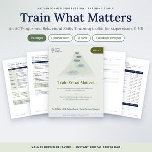 May include: A digital training toolkit titled Train What Matters, featuring 35 pages, 8 tools, and 3 worked examples. The cover displays a path graphic with text for supervisors and HR, while additional pages show BST and ACT training content.