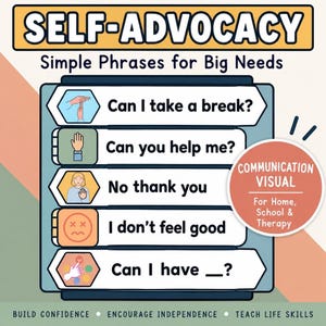 May include: A self-advocacy communication visual chart featuring the title Self-Advocacy Simple Phrases for Big Needs. It lists five phrases with icons: Can I take a break?, Can you help me?, No thank you, I don't feel good, and Can I have _?.