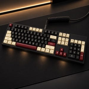 Op de afbeelding: Een mechanisch toetsenbord van volledig formaat met een zwart frame en een tweekleurige set toetsen in zwart, crème en donkerrood. De indeling bevat een numeriek toetsenblok, functietoetsen en een zwarte spiraalkabel aan de bovenrand.