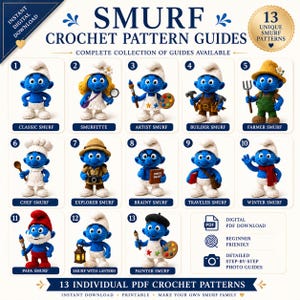 Virkade Smerfs-familjemönster i PDF-format | Handledningar för 13 amigurumi-dockor | Söta fantasifigurer | Direkt nedladdning