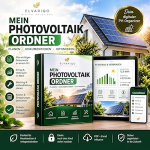 Puede incluir: Un organizador digital para sistemas fotovoltaicos titulado MEIN PHOTOVOLTAIK ORDNER, que incluye una carpeta, una tableta y un teléfono inteligente con datos de energía solar, gráficos y listas de verificación en texto verde y blanco.