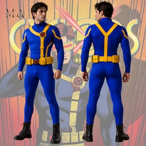 Cyclops inspired X-Men cosplay costume with superhero bodysuit and harness