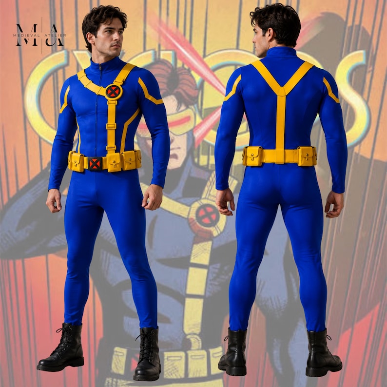 Cyclops inspired X-Men cosplay costume with superhero bodysuit and harness