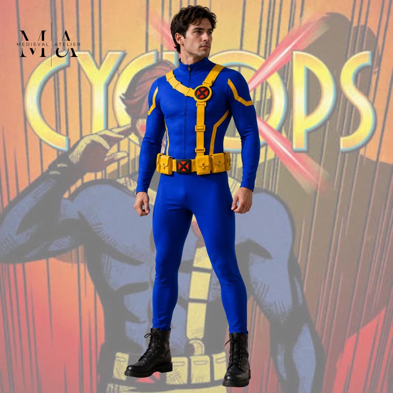 X-Men inspired Cyclops bodysuit costume for comic conventions and cosplay