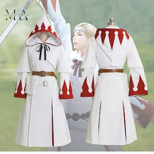 May include: A white hooded tunic with red scalloped trim on the hood and sleeves, featuring a brown leather belt with a small attached pouch, a black ribbon tie at the neck, and a skirt with vertical slits, shown from both front and back views.