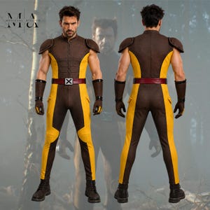 May include: A full-body costume featuring a brown and yellow jumpsuit with shoulder pads, a maroon belt with an X-shaped buckle, and matching brown gloves. The design includes a front zipper, fitted trousers, and dark boots. The logo Medieval Atelier is visible.