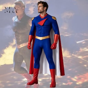 May include: A blue superhero costume featuring a red cape with a white lining, gold shoulder pads, a gold belt, and red gauntlets. The chest displays a red triangular patch with white polka dots. The suit has a textured fabric and red boots.