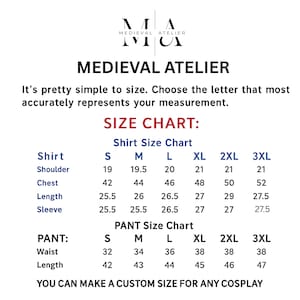 May include: A size chart for Medieval Atelier clothing featuring a shirt size chart with measurements for shoulder, chest, length, and sleeve, and a pant size chart with waist and length measurements for sizes S through 3XL in inches.