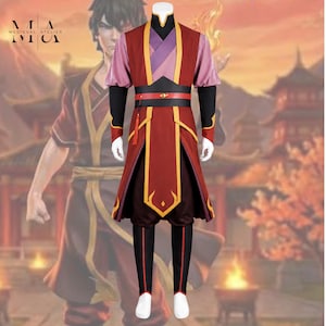 May include: A costume set featuring a dark red and maroon tunic with gold trim, a purple layered collar, and black long sleeves. The outfit includes a matching red belt with a gold accent, dark red trousers, and black leg coverings with red stripes.
