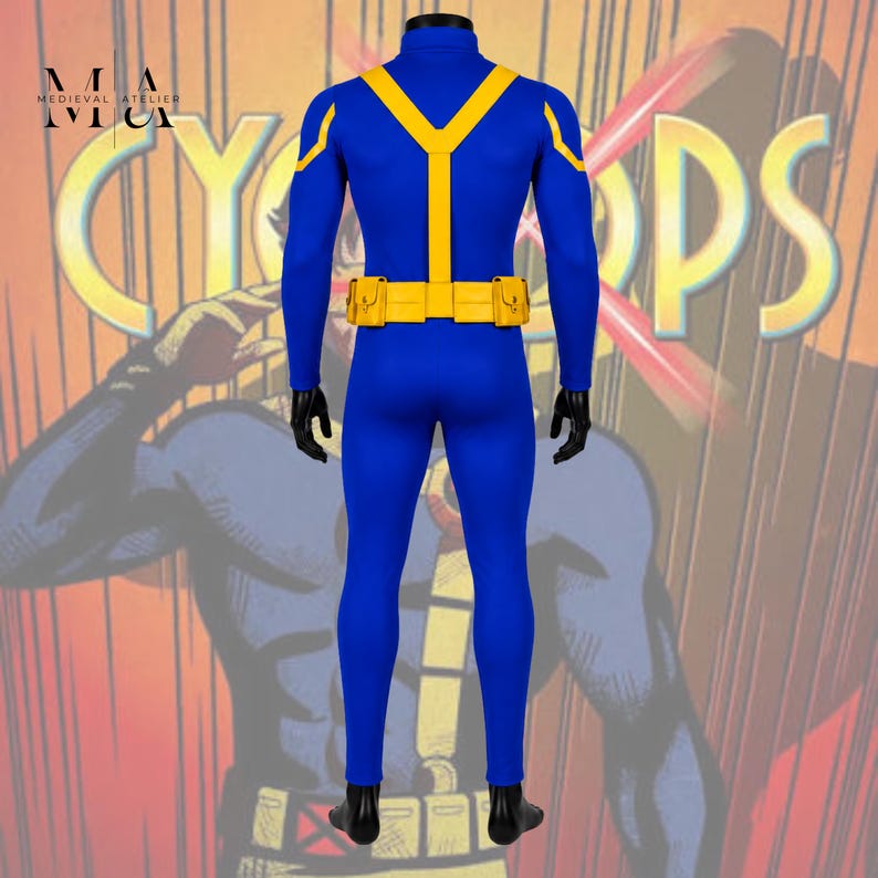 X-Men Cyclops costume with fitted superhero bodysuit and cosplay harness
