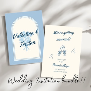 May include: Two rectangular wedding invitation cards. The left card is light blue with a white arch, a floral graphic, and the text Valentina & Tristan. The right card is cream with dark blue text reading We're getting married!, Friday, Aug 28 at 3pm, Riveria Maya, 123 Wedding St, Riveria Maya, H2N 12E, and a champagne toast graphic.
