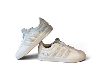 Custom Bridal Sneakers | Luxury Pearl Wedding Shoes for Bride (White Grand Court 3.0 Edition) Pearled Wedding Adidas for Bride