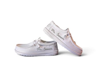 Custom Men’s Wedding Shoes | Personalized Groom Sneakers | White Canvas - Custom Wedding Dude Shoes for Groom or wedding party, gift for him