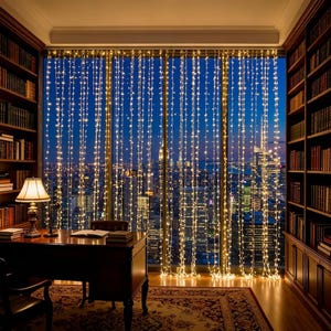 May include: A curtain of warm white LED string lights hanging vertically in front of a large window. The lights consist of numerous thin, illuminated strands that create a glowing backdrop against a dark city skyline at night.