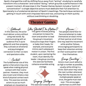 May include: A white background features text about the Viola Spolin method and Theater Games. The text includes exercise descriptions for actors, such as Gibberish, Contact, and Singing Dialogue. Maroon diamond shapes accent the text.