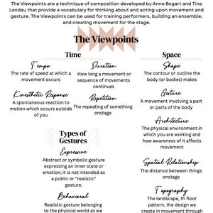 May include: A white and beige infographic titled "the Nine Viewpoints" with text describing a composition technique for movement and gesture. Key terms include Tempo, Duration, Shape, and Gesture.