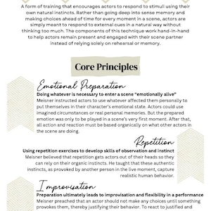 May include: A cream-colored informational poster titled "the Meisner technique." The poster details the Meisner acting technique, including emotional preparation, repetition, and improvisation. The text is in black, with decorative geometric shapes.