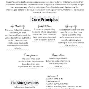 May include: A white and black graphic with the text "the Uta Hagen technique" and information about acting techniques. The image includes sections on core principles and nine questions for actors.