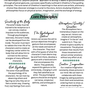 May include: A poster with the title "the Chekhovtechnique" and the words "Core Principles." The text describes a psycho-physical approach to acting, including sensitivity of the body, psychological gesture, and creative imagination.