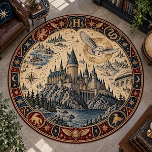 May include: A round area rug featuring a detailed illustration of a large castle on a cliffside, a flying owl carrying a letter, a compass rose, and a winding path. The border includes symbols of a lion, snake, eagle, and badger on a dark background.