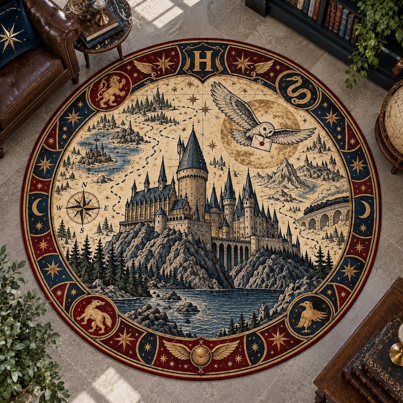 May include: A round area rug featuring a detailed illustration of a large castle on a cliffside, a flying owl carrying a letter, a compass rose, and a winding path. The border includes symbols of a lion, snake, eagle, and badger on a dark background.
