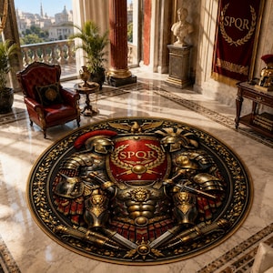 May include: A circular rug featuring a detailed Roman-themed design with two suits of armor, a central red shield displaying the gold text SPQR surrounded by a laurel wreath, and an eagle emblem, all set against a dark background with gold accents.