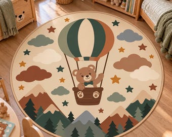 Bear Hot Air Balloon Rug: Boho Nursery Round Carpet with Mountains and Pine Trees