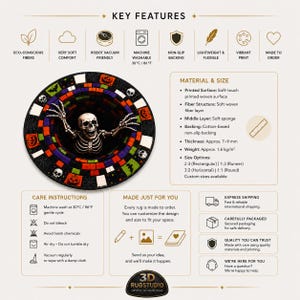 May include: A round rug featuring a 3D optical illusion of a skeleton emerging from a hole surrounded by a colorful mosaic border of skulls, pumpkins, and bats. The design includes text detailing key features, material, size, and care instructions.