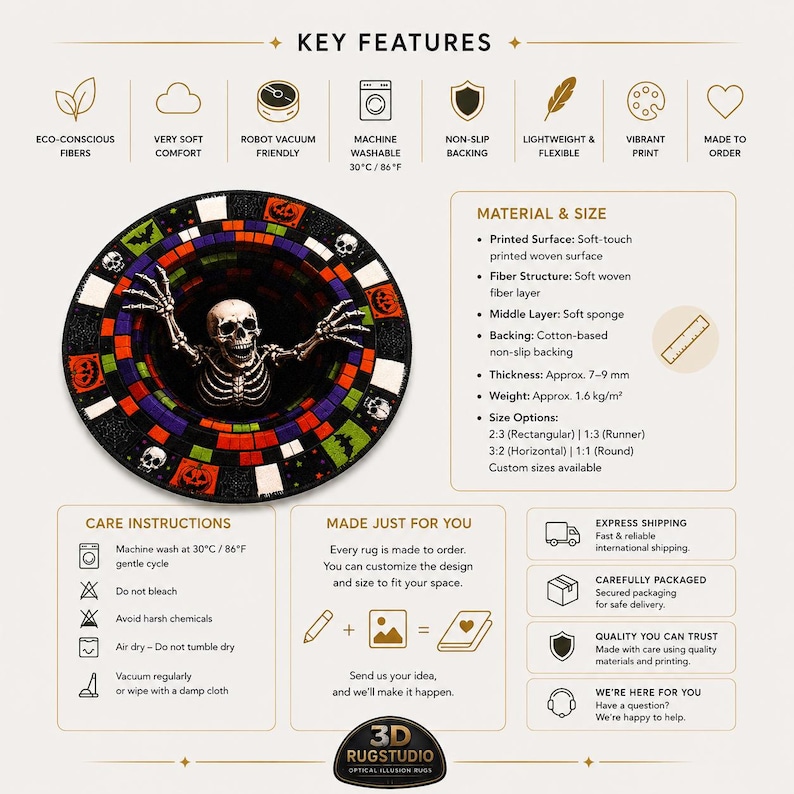 May include: A round rug featuring a 3D optical illusion of a skeleton emerging from a hole surrounded by a colorful mosaic border of skulls, pumpkins, and bats. The design includes text detailing key features, material, size, and care instructions.