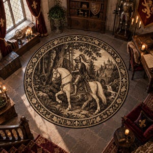 May include: A large circular area rug featuring a detailed monochrome illustration of a knight in full plate armor riding a white horse through a forest, with a castle in the background and a decorative floral border with fleur-de-lis accents.