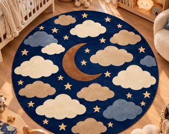 Navy Blue Nursery Round Rug: Brown Crescent Moon, Beige Clouds, Golden Stars, Night Sky