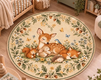 Woodland Animals Rug: Sleeping Baby Deer Fox Bunny Squirrel Hedgehog Floral Round Nursery Carpet
