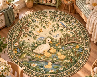 Duck Family Nursery Round Rug: Vintage Cottagecore Pond, Daisy Wildflowers, Wooden Bridge, Butterflies