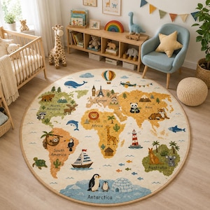 Peut inclure: Un grand tapis circulaire illustrant une carte du monde colorée. Le motif comprend les continents étiquetés, divers animaux, des monuments et des icônes de transport comme un voilier et une montgolfière, sur un fond clair.