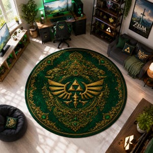 Könnte beinhalten: Ein großer runder Teppich mit tiefgrünem Hintergrund, einer verzierten goldenen Filigranbordüre und einem zentralen goldenen Triforce-Emblem mit Flügeln. Das Design umfasst komplexe Schnörkel und kleine grüne Akzente im gesamten Muster.