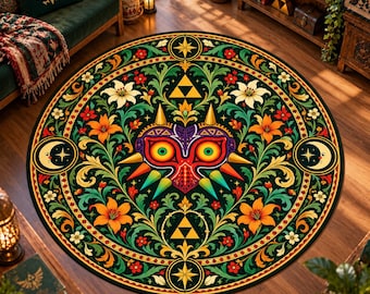 Op de afbeelding: Een rond vloerkleed met een centraal Majora's Mask-ontwerp, omringd door ingewikkelde bloemmotieven, groene ranken en gouden Triforce-symbolen. Het ontwerp bevat halve maan-motieven en sterren op een donkere achtergrond met oranje lelies.