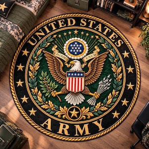May include: A circular rug featuring the United States Army emblem with a central bald eagle holding arrows and an olive branch, a shield with red and white stripes, and a blue field with stars. The text UNITED STATES ARMY surrounds the design.