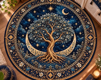 Op de afbeelding: Een rond vloerkleed met een centrale boom met zichtbare wortels tegen een donkerblauwe nachtelijke hemel met een maansikkel en sterren. De rand is versierd met symmetrische gouden en blauwe bloemmotieven en sterren.