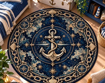Op de afbeelding: Een rond vloerkleed met een diepblauwe achtergrond, een centraal gouden anker omwikkeld met touw, een kompasroos, nautische sterren en een rand van gouden kettingen en schelpen, wat een gedetailleerd maritiem ontwerp vormt.