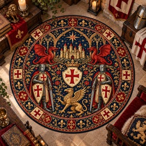 May include: A circular rug featuring a central medieval castle, two red dragons, and two knights in armor holding shields with red crosses. A golden griffin sits below a central shield with a red cross. The design includes fleur-de-lis and floral motifs.