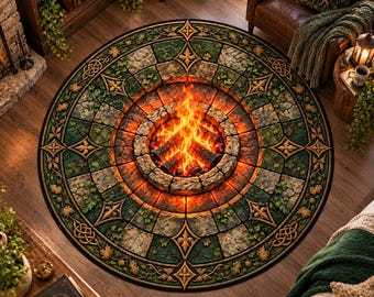 3D Fire Pit Round Rug: Glowing Campfire Stone Circle Celtic Knot Ivy Fantasy Decor