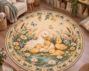 Duck Family Round Rug: Baby Ducklings Floral Pond, Cottagecore Nursery Washable Area Carpet