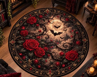 Op de afbeelding: Een rond vloerkleed met een donkere, sfeervolle scène met levendige rode rozen, verstrengelde doornige ranken en spinnenwebben. Het midden toont een volle maan in een bewolkte lucht met silhouetten van vliegende vleermuizen.